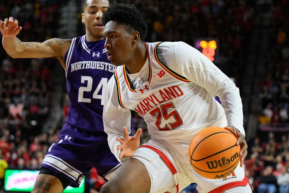 Maryland Terrapins center Derik Queen (25) handles the ball during the second half against the Northwestern Wildcats at Xfinity Center in College Park, Maryland on March 8, 2025.
