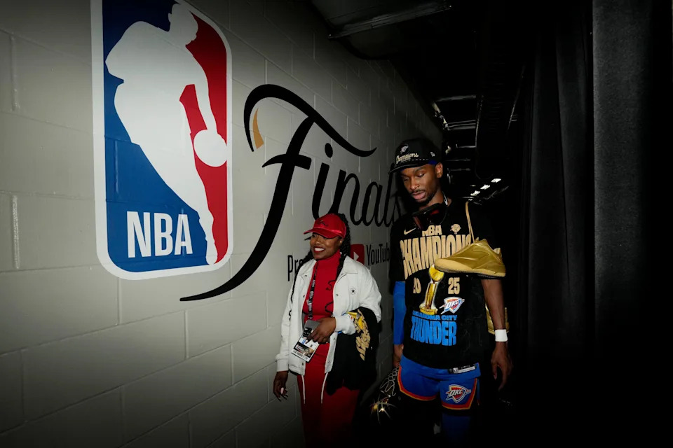 Jun 22, 2025; Oklahoma City, Oklahoma, USA; Oklahoma City Thunder guard Shai Gilgeous-Alexander (2) after winning game seven of the 2025 NBA Finals against the Indiana Pacers at Paycom Center. Mandatory Credit: Kyle Terada-Imagn Images
