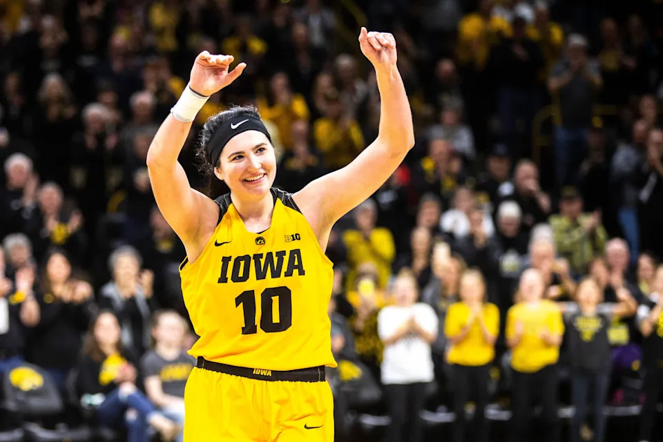 Iowa center Megan Gustafson (10) waves to fans while heading to the bench on senior day during a NCAA Big Ten Conference women's basketball game on Sunday, March 3, 2019, at Carver-Hawkeye Arena in Iowa City, Iowa.
190303 Wbb Northwestern 043 Jpg