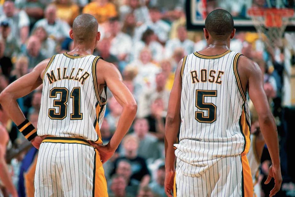 Reggie Miller and Jalen Rose during the 2000 NBA Finals. (Nathaniel S. Butler/NBAE via Getty Images)