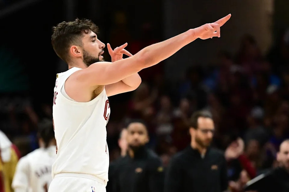 Mar 2, 2025; Cleveland, Ohio, USA; Cleveland Cavaliers guard Ty Jerome (2) celebrates after hitting a three point basket during the second half against the Portland Trail Blazers at Rocket Arena. Mandatory Credit- Ken Blaze-Imagn ImagesCredit- Ken Blaze-Imagn Images