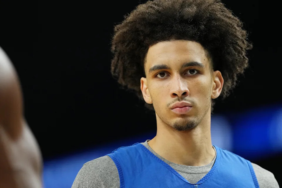 Apr 4, 2025; San Antonio, TX, USA; Duke Blue Devils guard Tyrese Proctor (5) during a practice session for the Final Four of the 2025 NCAA tournament at Alamodome. Mandatory Credit: Bob Donnan-Imagn Images