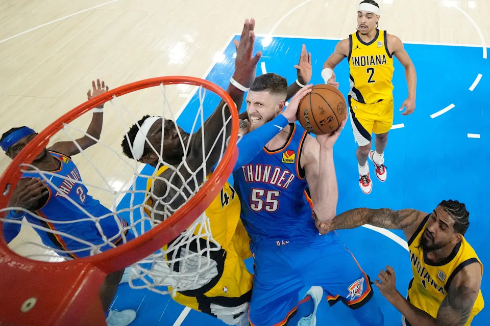 Jun 22, 2025; Oklahoma City, Oklahoma, USA; Oklahoma City Thunder center Isaiah Hartenstein (55) drives to the basket against Indiana Pacers forward Pascal Siakam (43) during the first half of game seven of the 2025 NBA Finals at Paycom Center. Mandatory Credit: Kyle Terada-Imagn Images