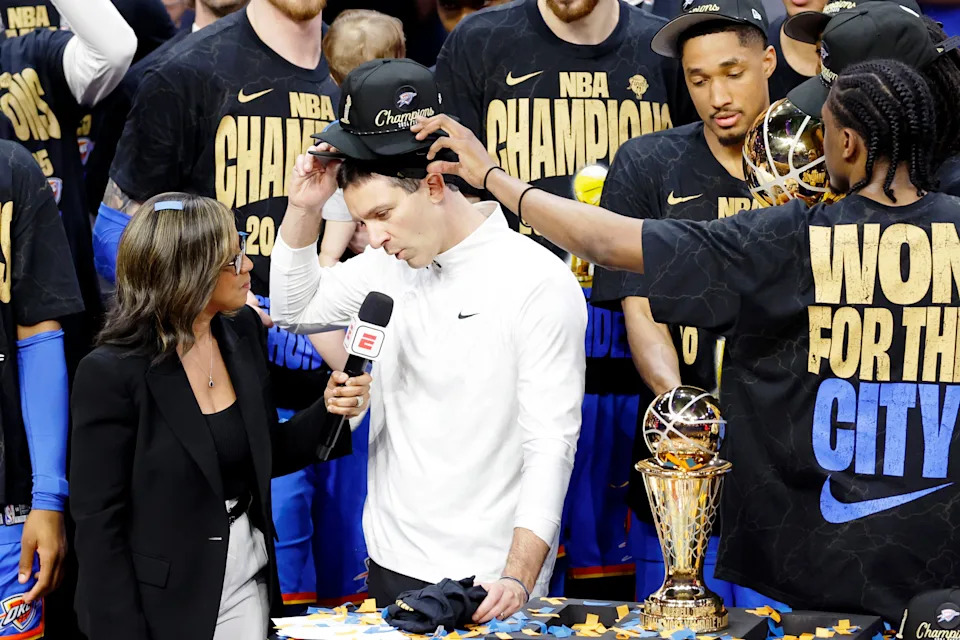 Jun 22, 2025; Oklahoma City, Oklahoma, USA; Oklahoma City Thunder head coach Mark Daigneault is interviewed after winning game seven of the 2025 NBA Finals against the Indiana Pacers at Paycom Center. Mandatory Credit: Alonzo Adams-Imagn Images