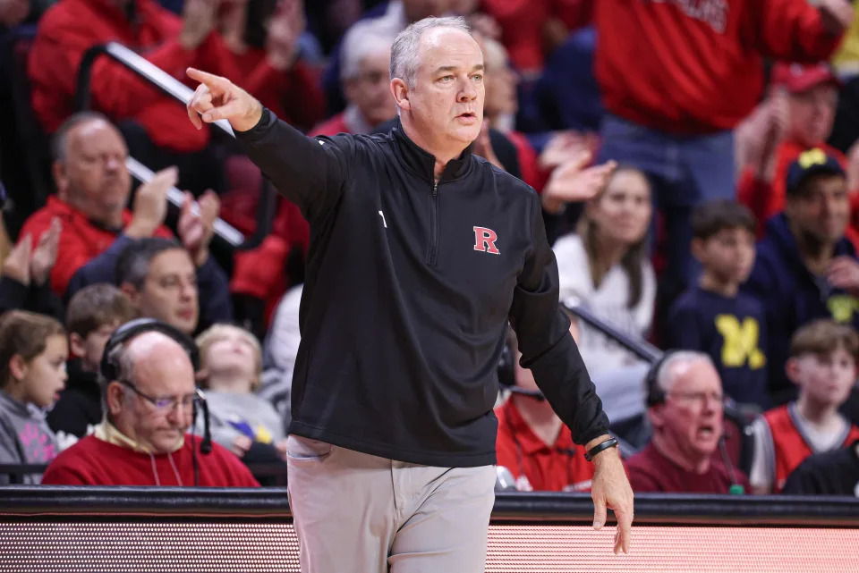Feb 1, 2025; Piscataway, New Jersey, USA; Rutgers Scarlet Knights head coach Steve Pikiell reacts during the first half against the Michigan Wolverines at Jersey Mike's Arena. Mandatory Credit: Vincent Carchietta-Imagn Images