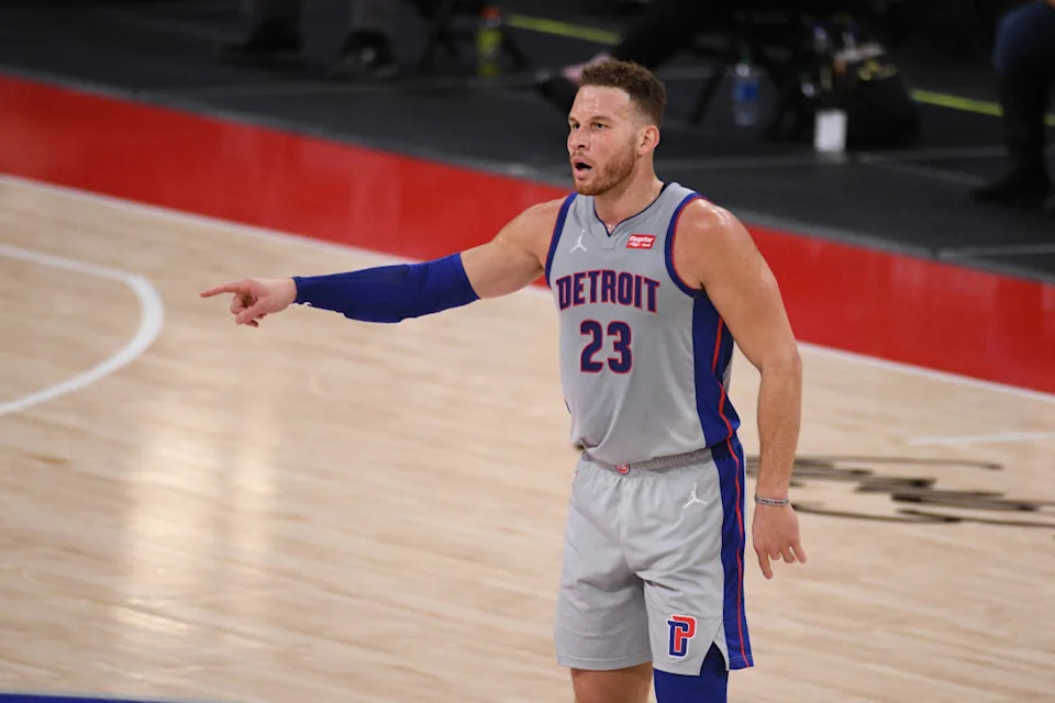 Feb 11, 2021; Detroit, Michigan, USA; Detroit Pistons forward Blake Griffin (23) during the game against the Indiana Pacers at Little Caesars Arena© Tim Fuller-Imagn Images