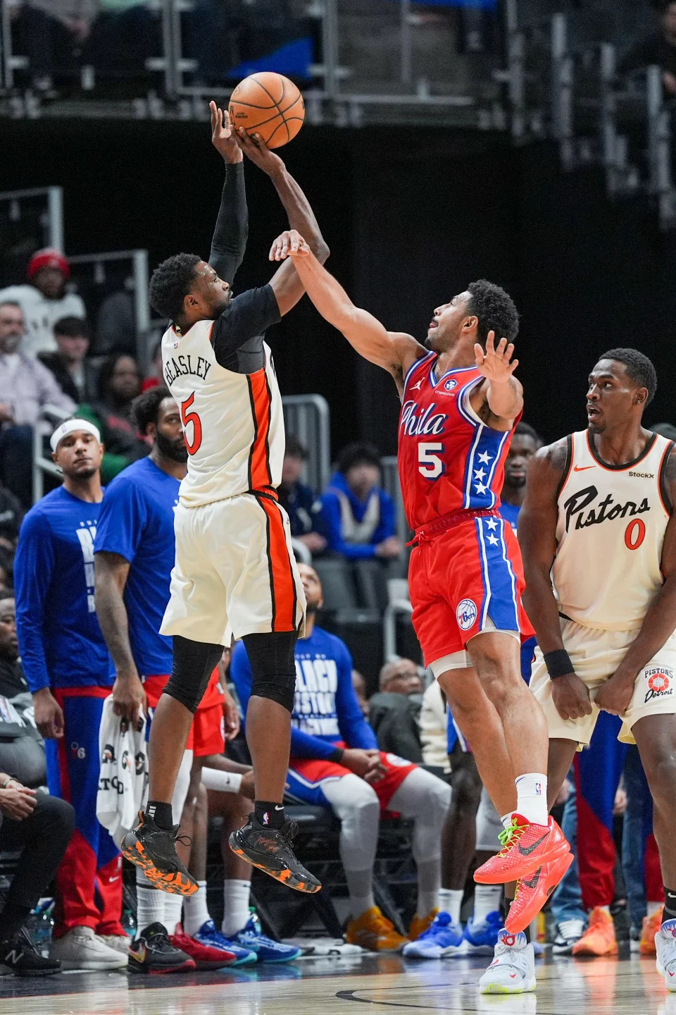 Detroit Pistons guard Malik Beasley shoots a 3-pointer against Philadelphia 76ers guard Quentin Grimes during the second half at Little Caesars Arena in Detroit, Friday, Feb. 7, 2025. Beasley made nine 3s and scored 36 points in the game, his new career-high.
