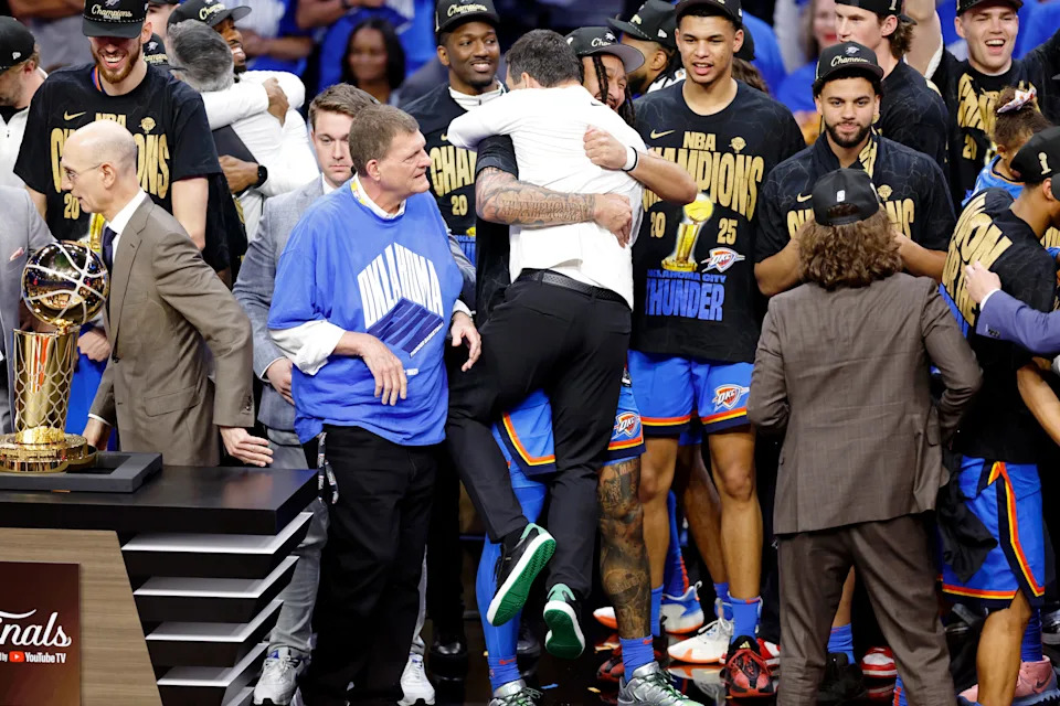 Jun 22, 2025; Oklahoma City, Oklahoma, USA; Oklahoma City Thunder forward Jaylin Williams (6) celebrates with Oklahoma City Thunder head coach Mark Daigneault after winning game seven of the 2025 NBA Finals against the Indiana Pacers at Paycom Center. Mandatory Credit: Alonzo Adams-Imagn Images
