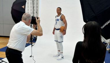 New Magic guard Desmond Bane, whose jersey number in Orlando will be 3, met with the Central Florida media for the 1st time and posed for some pictures on Tuesday. (Spectrum Sports/Brandon Green)