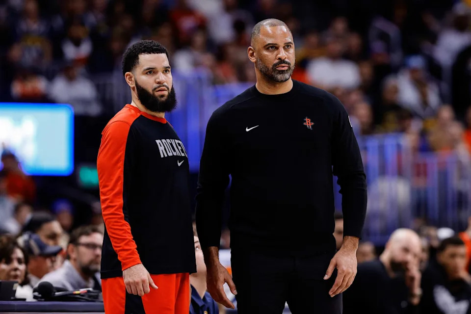 Houston Rockets guard Fred VanVleet (5) and head coach Ime Udoka look on in the second quarter against the Denver Nuggets at Ball Arena. Mandatory Credit: Isaiah J. Downing-Imagn ImagesMandatory Credit&colon; Isaiah J&period; Downing-Imagn Images