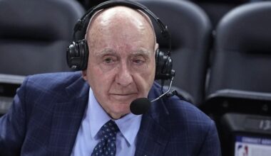 Broadcaster Dick Vitale prepares to announce an NCAA college basketball game between Michigan State and Kentucky, Tuesday, Nov. 15, 2022, in Indianapolis. (AP Photo/Darron Cummings, File)