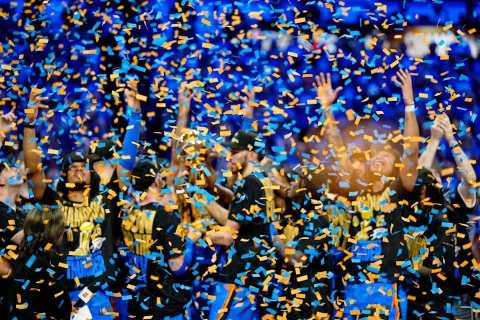 Jun 22, 2025; Oklahoma City, Oklahoma, USA; The Oklahoma City Thunder celebrate after winning game seven of the 2025 NBA Finals against the Indiana Pacers at Paycom Center. Mandatory Credit: Kyle Terada-Imagn Images