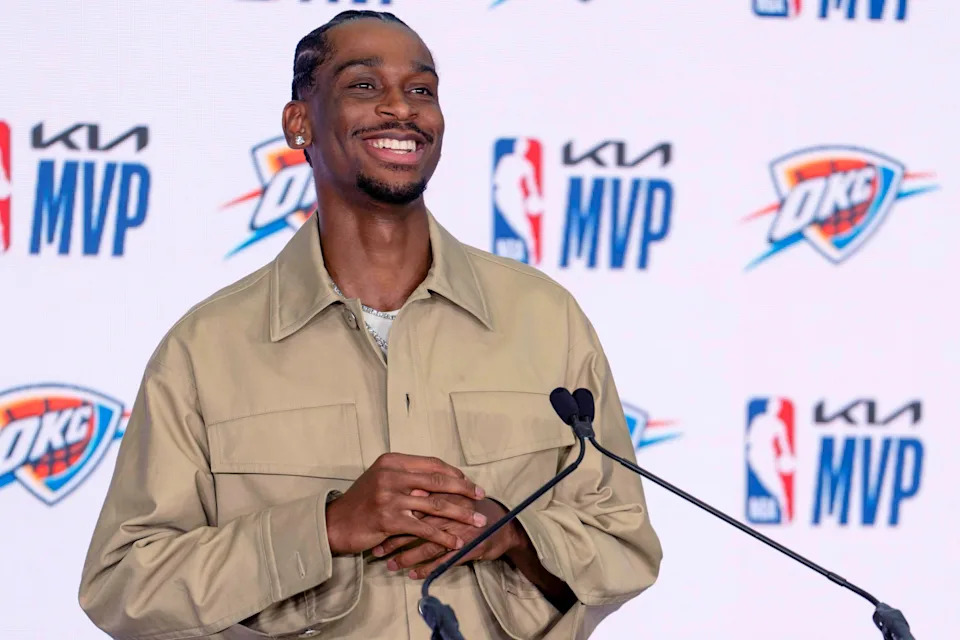 Oklahoma City Thunder guard Shai Gilgeous-Alexander speaks during a press conference in Oklahoma City after winning the 2025 NBA MVP award on Wednesday, May 21, 2025.