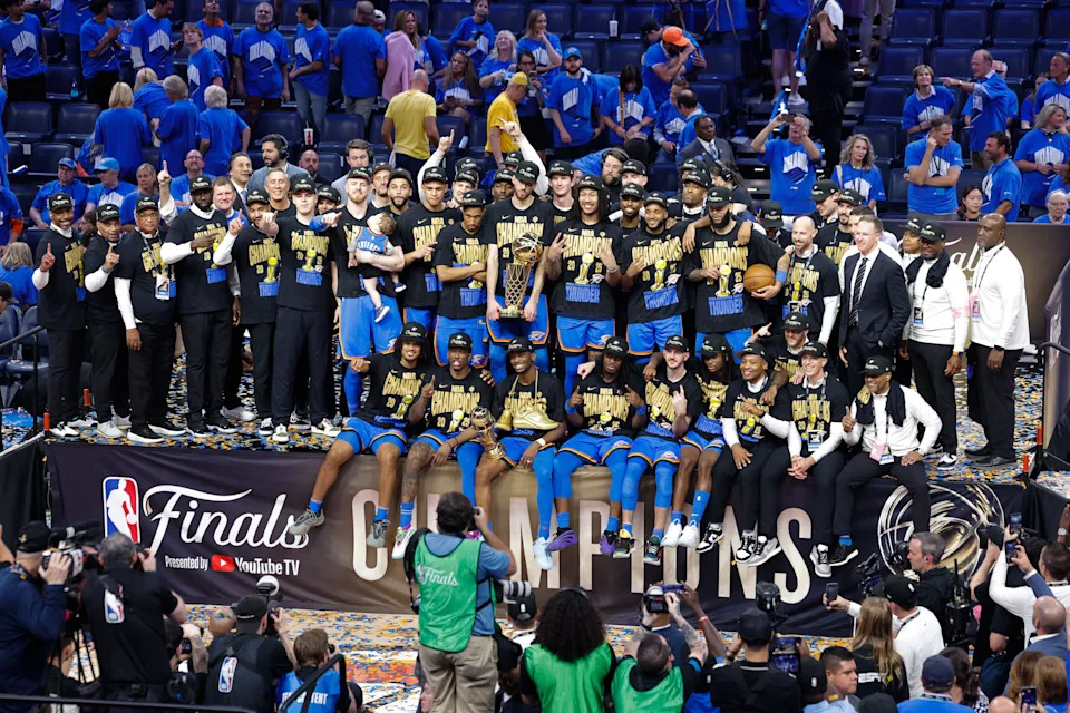 Jun 22, 2025; Oklahoma City, Oklahoma, USA; The Oklahoma City Thunder pose for a team photo with the Larry O'Brien Championship Trophy as they celebrate after winning game seven of the 2025 NBA Finals against the Indiana Pacers at Paycom Center. Mandatory Credit: Alonzo Adams-Imagn Images