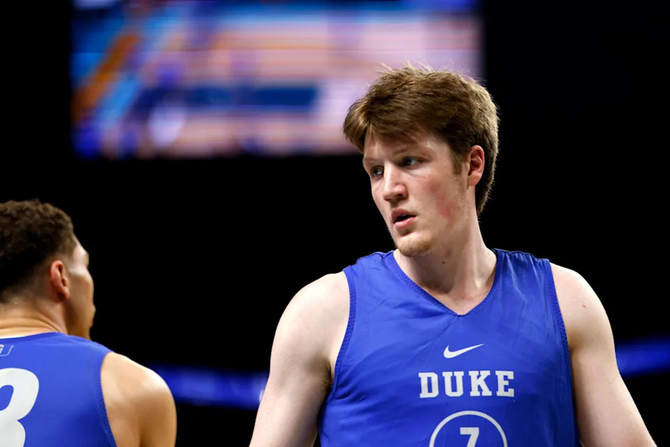 SAN ANTONIO, TEXAS - APRIL 4: 2025 Kon Knueppel #7 of the Duke Blue Devils looks on during a practice session ahead of the Final Four round of the men's NCAA basketball tournament at Alamodome on April 4, 2025 in San Antonio, Texas. (Photo by Lance King/Getty Images)Lance King/Getty Images