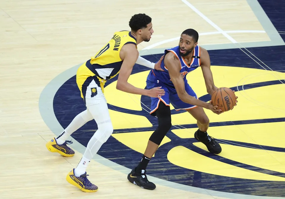 Tyrese Haliburton defends Mikal Bridges during the Knicks’ season-ending Game 6 loss to the Pacers. Charles Wenzelberg / New York Post