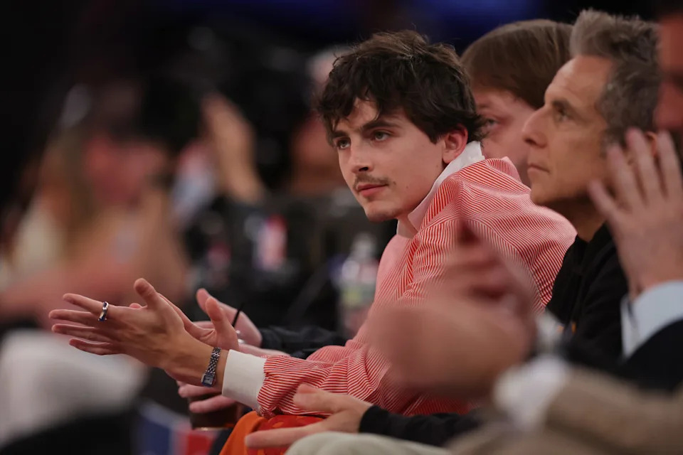 Actor Timothee Chalamet during game one of the Eastern Conference finals for the 2025 NBA Playoffs between the Indiana Pacers and the New York Knicks at Madison Square Garden.Brad Penner-Imagn Images