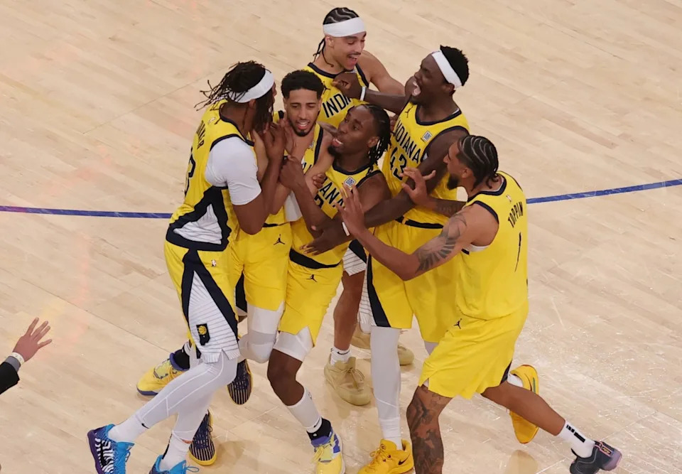 Indiana Pacers guard Tyrese Haliburton (0) celebrates with teammates against the New York Knicks. Mandatory Credit: Brad Penner-Imagn Images