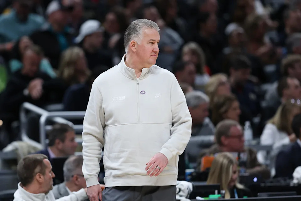 Mar 24, 2024; Indianapolis, IN, USA; Purdue Boilermakers head coach Matt Painter looks on during the first half against the Utah State Aggies at Gainbridge FieldHouse. Mandatory Credit: Trevor Ruszkowski-USA TODAY Sports