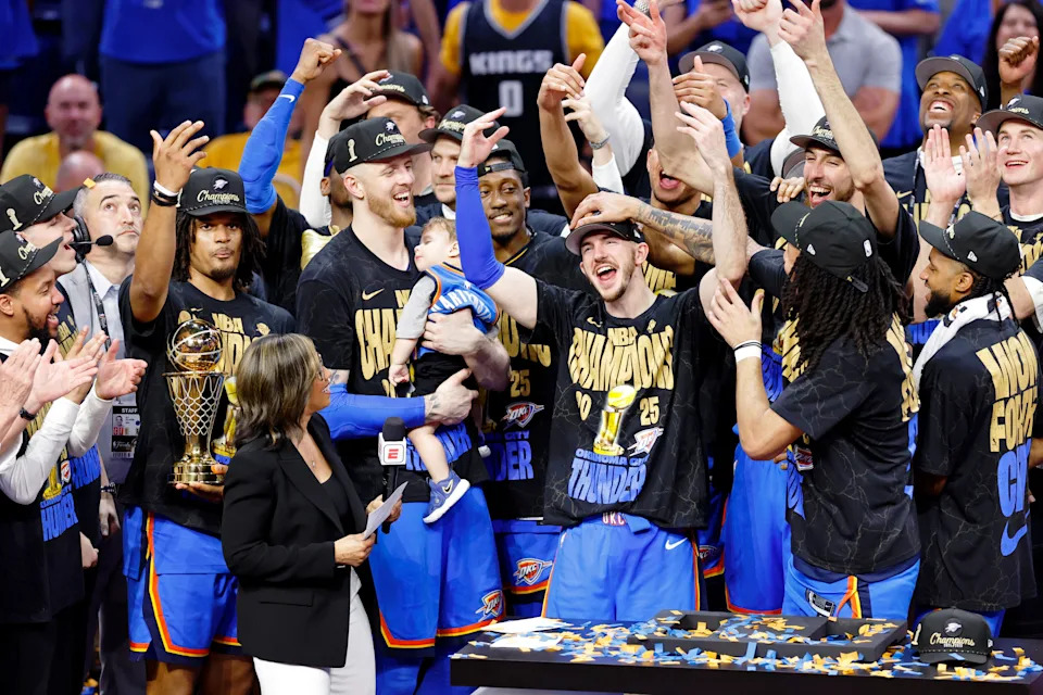 Jun 22, 2025; Oklahoma City, Oklahoma, USA; Oklahoma City Thunder guard Alex Caruso (9) celebrates after winning game seven of the 2025 NBA Finals against the Indiana Pacers at Paycom Center. Mandatory Credit: Alonzo Adams-Imagn Images