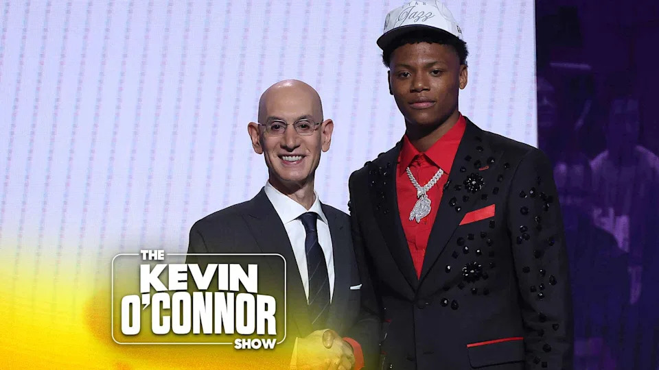 Ace Bailey (R) shakes hands with NBA commissioner Adam Silver (L) after being drafted fifth overall by the Utah Jazz during the first round of the 2025 NBA Draft at Barclays Center on June 25, 2025 in the Brooklyn borough of New York City. (Photo by Sarah Stier/Getty Images)