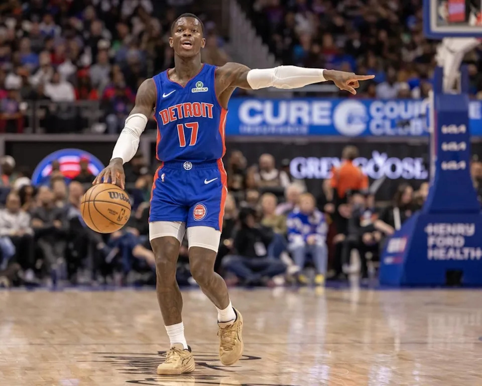 Detroit, Michigan, USA; Detroit Pistons guard Dennis Schroder (17) moves the ball up court and directs a play against the New York Knicks during the second half at Little Caesars Arena. Mandatory Credit: David Reginek-Imagn ImagesMandatory Credit: David Reginek-Imagn Images