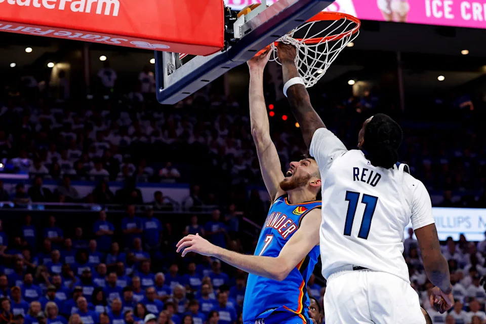 Naz Reid attempts to block Chet Holmgren during a May 28 game. © Alonzo Adams-Imagn Images