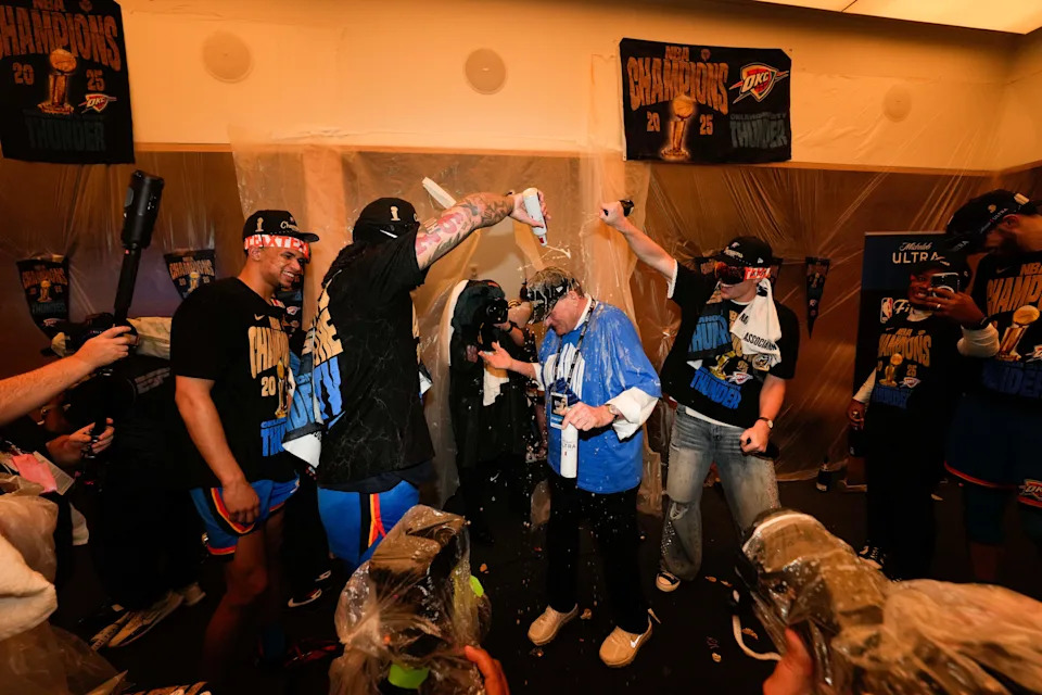 Jun 22, 2025; Oklahoma City, Oklahoma, USA; Oklahoma City Thunder players celebrates with owner Clay Bennett celebrate after winning game seven of the 2025 NBA Finals against the Indiana Pacers at Paycom Center. Mandatory Credit: Kyle Terada-Imagn Images