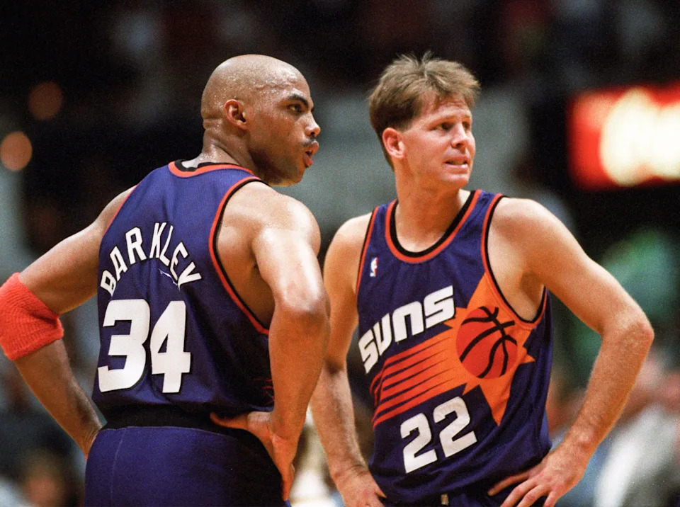 Phoenix Suns Charles Barkley and Danny Ainge play against the Chicago Bulls during Game 4 of the 1993 NBA Finals at Chicago Stadium on June 16, 1993.