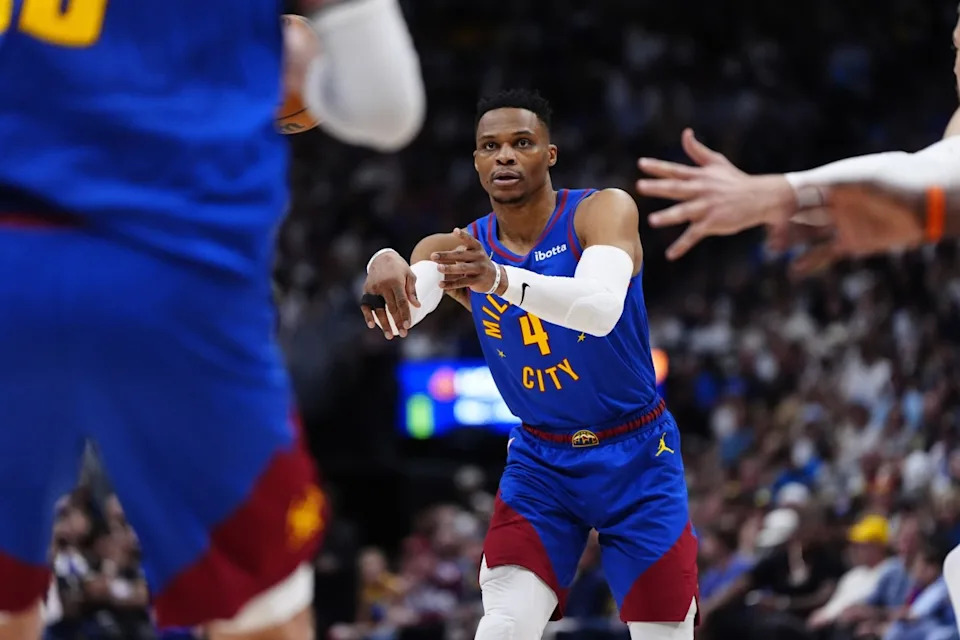 Denver Nuggets guard Russell Westbrook (4) passes in the third quarter against the LA Clippers during game seven of first round for the 2025 NBA Playoffs at Ball Arena.Credit: Ron Chenoy-Imagn Images