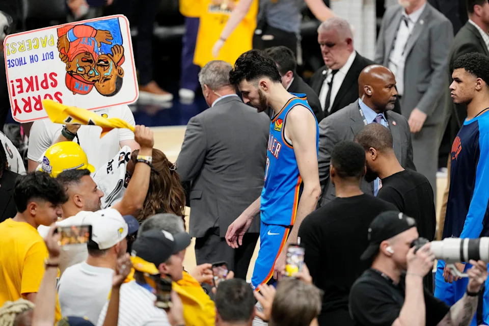 Jun 11, 2025; Indianapolis, Indiana, USA; Oklahoma City Thunder forward Chet Holmgren (7) walks off the court after losing against the Indiana Pacers during game three of the 2025 NBA Finals at Gainbridge Fieldhouse. Mandatory Credit: Kyle Terada-Imagn Images