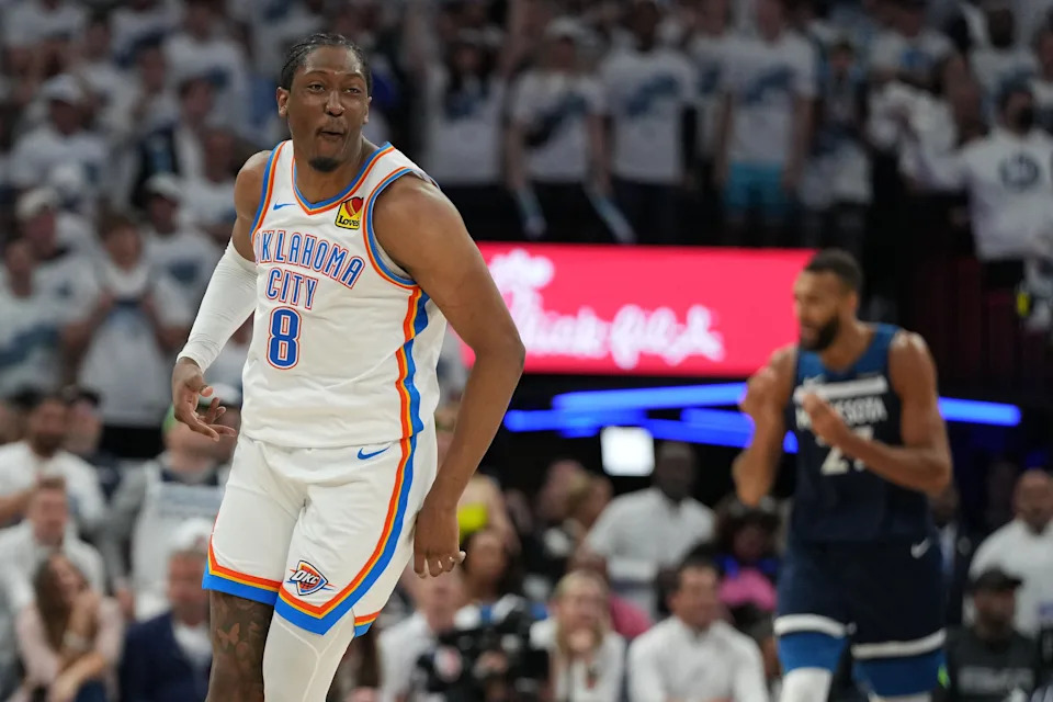 May 26, 2025; Minneapolis, Minnesota, USA; Oklahoma City Thunder forward Jalen Williams (8) reacts against the Minnesota Timberwolves in the second half during game four of the western conference finals for the 2025 NBA Playoffs at Target Center. Mandatory Credit: Jesse Johnson-Imagn Images