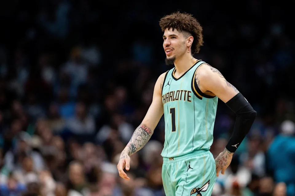 Charlotte Hornets guard LaMelo Ball (1) reacts during the fourth quarter against the New Orleans Pelicans at Spectrum Center.Mandatory Credit&colon; Scott Kinser-Imagn Images