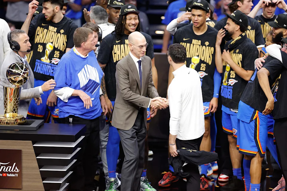 Jun 22, 2025; Oklahoma City, Oklahoma, USA; NBA commissioner Adam Silver shakes hands with Oklahoma City Thunder head coach Mark Daigneault after winning game seven of the 2025 NBA Finals against the Indiana Pacers at Paycom Center. Mandatory Credit: Alonzo Adams-Imagn Images