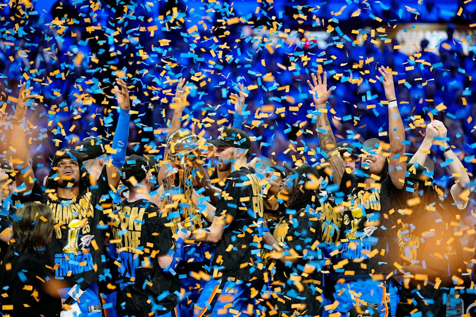Jun 22, 2025; Oklahoma City, Oklahoma, USA; The Oklahoma City Thunder celebrate after winning game seven of the 2025 NBA Finals against the Indiana Pacers at Paycom Center. Mandatory Credit: Kyle Terada-Imagn Images