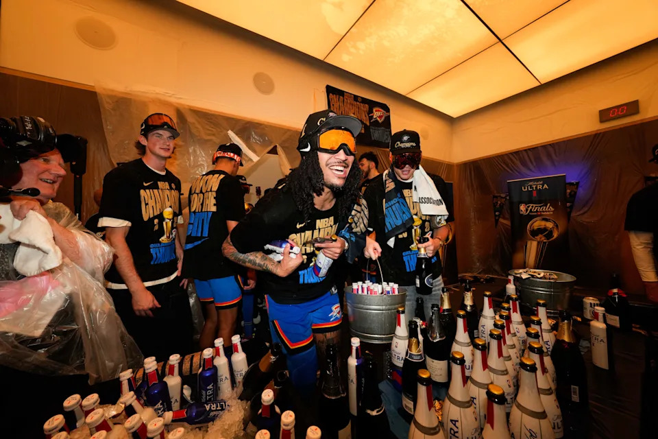 Jun 22, 2025; Oklahoma City, Oklahoma, USA; Oklahoma City Thunder forward Jaylin Williams (6) celebrates after winning game seven of the 2025 NBA Finals against the Indiana Pacers at Paycom Center. Mandatory Credit: Kyle Terada-Imagn Images