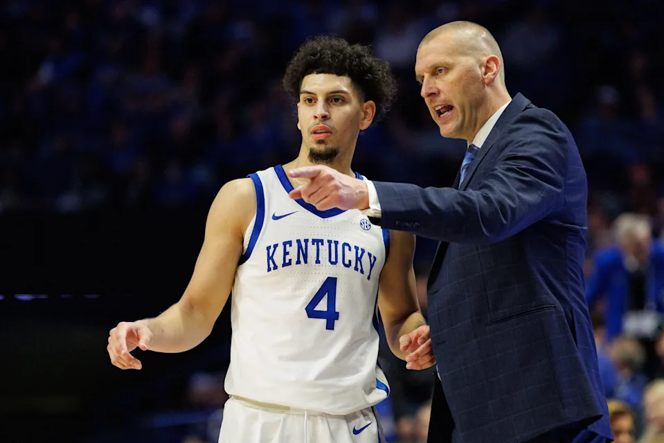 Nov 26, 2024; Lexington, Kentucky, USA; Kentucky Wildcats head coach Mark Pope talks to guard Koby Brea (4) during the second half against the Western Kentucky Hilltoppers at Rupp Arena at Central Bank Center. Mandatory Credit: Jordan Prather-Imagn Images