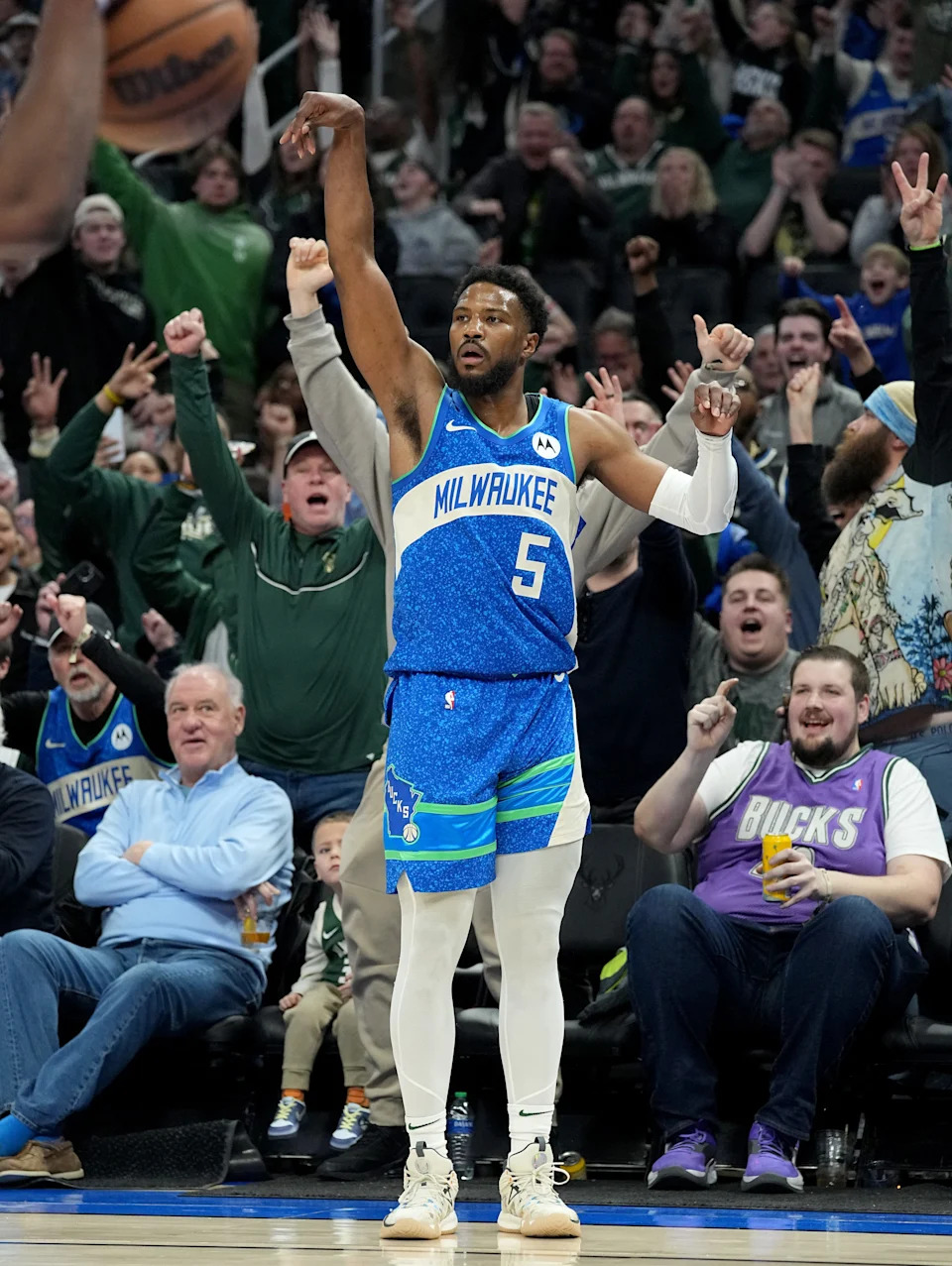 Milwaukee Bucks guard Malik Beasley celebrates his 3-point basket during the second half March 21, 2024 at Fiserv Forum in Milwaukee. The Bucks beat the Brooklyn Nets, 115-108.