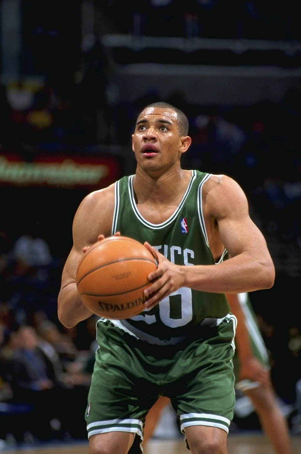 18 Apr 1999: A close up of Marlon Garnett #20 of the Boston Celtics as he shoots a free throw during the game against the Washington Wizards at the MCI Center in Washington, D.C. The Celtics defeated the Wizards 101-98. Mandatory Credit: Doug Pensinger /Allsport