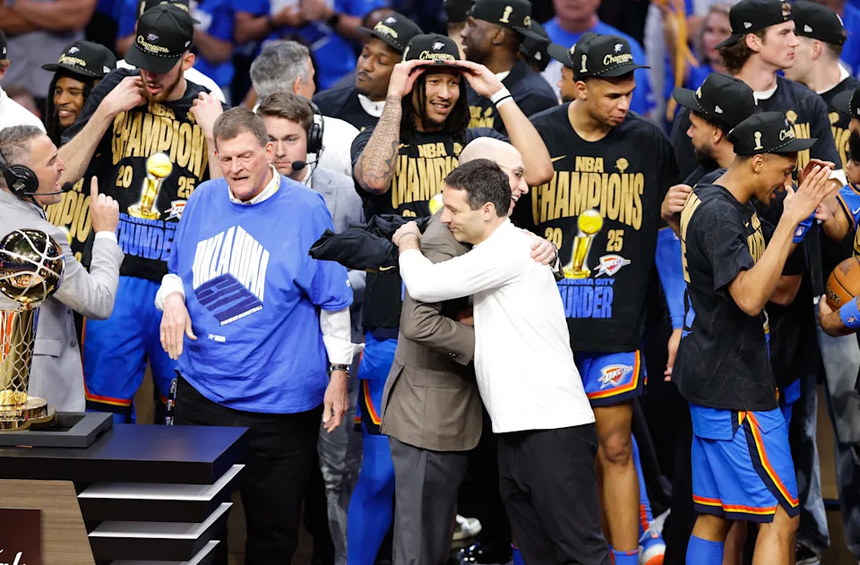 Jun 22, 2025; Oklahoma City, Oklahoma, USA; NBA commissioner Adam Silver hugs Oklahoma City Thunder head coach Mark Daigneault after winning game seven of the 2025 NBA Finals against the Indiana Pacers at Paycom Center. Mandatory Credit: Alonzo Adams-Imagn Images