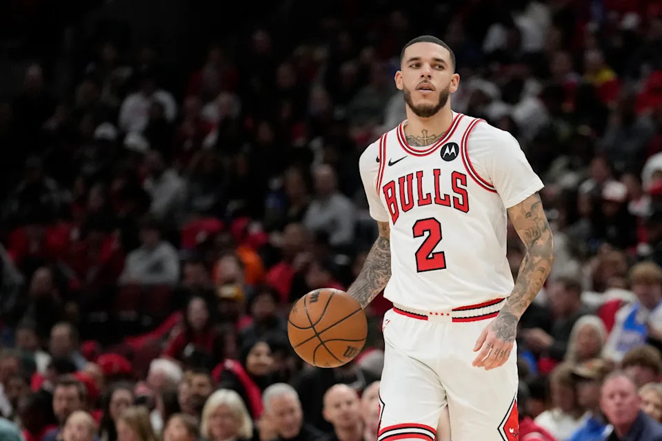 CHICAGO, ILLINOIS - OCTOBER 26: Lonzo Ball #2 of the Chicago Bulls dribbles the ball against the Oklahoma City Thunder in the third quarter during a game at the United Center on October 26, 2024 in Chicago, Illinois. (Photo by Patrick McDermott/Getty Images)Patrick McDermott&sol;Getty Images