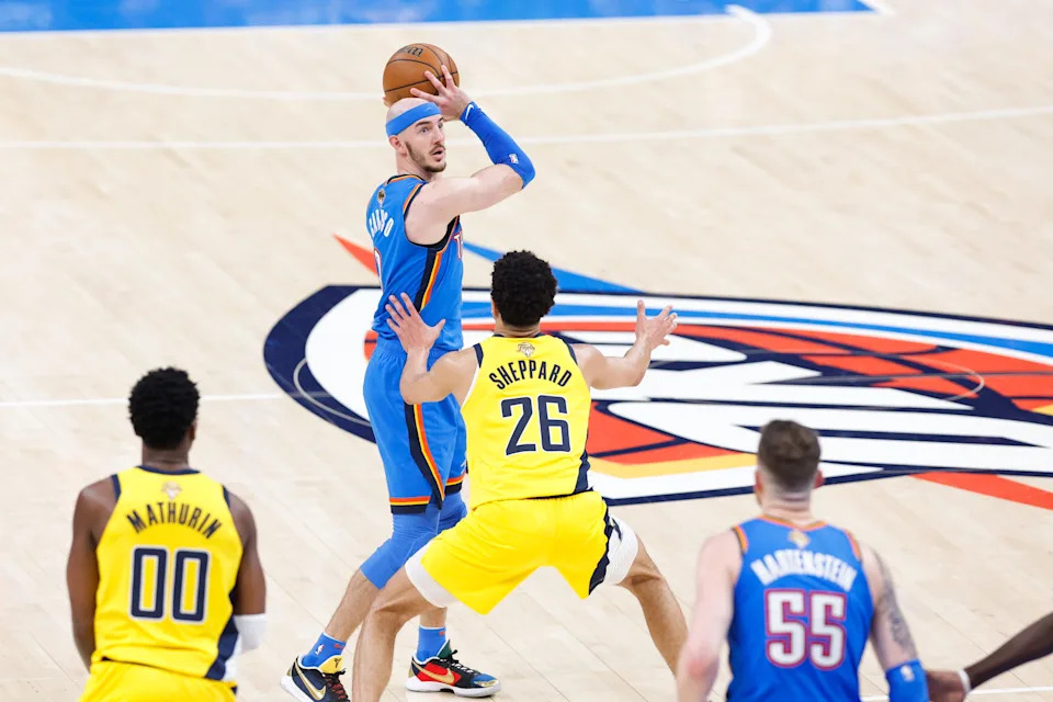 Jun 22, 2025; Oklahoma City, Oklahoma, USA; Oklahoma City Thunder guard Alex Caruso (9) looks to pass while Indiana Pacers guard Ben Sheppard (26) defends during the first half of game seven of the 2025 NBA Finals at Paycom Center. Mandatory Credit: Alonzo Adams-Imagn Images