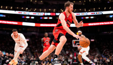 Jakob Poeltl #19 of the Toronto Raptors plays the ball against the Phoenix Suns. He apparently will...