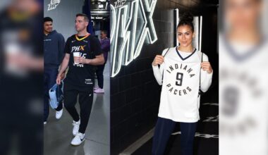 T.J. and Megan McConnell swap jerseys before Game 1 of NBA Finals