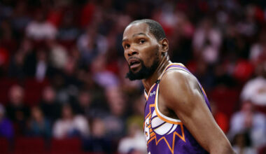 Kevin Durant #35 of the Phoenix Suns looks on against the Houston Rockets during the second half at...