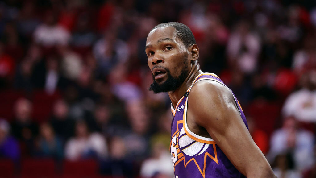 Kevin Durant #35 of the Phoenix Suns looks on against the Houston Rockets during the second half at...