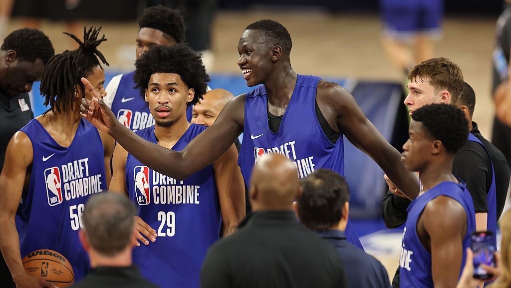 Khaman Maluach #14 laughs during the 2025 NBA Draft Combine at Wintrust Arena on May 13, 2025 in Ch...