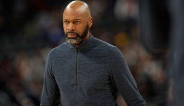 Orlando Magic head coach Jamahl Mosley () in the second half of an NBA basketball game Monday, Feb. 14, 2022, in Denver. The Nuggets won 121-111. (AP Photo/David Zalubowski)