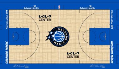 A rendering of the Magic's new logo at the center of the team's home court. (Courtesy of Orlando Magic)
