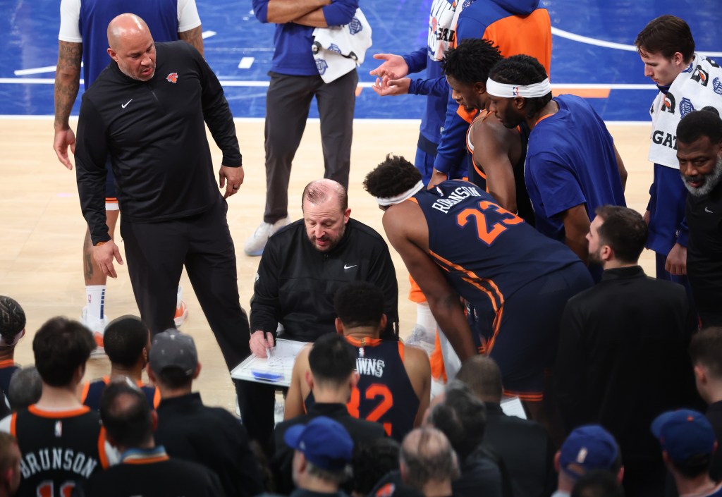 New York Knicks head coach Tom Thibodeau during a timeout.